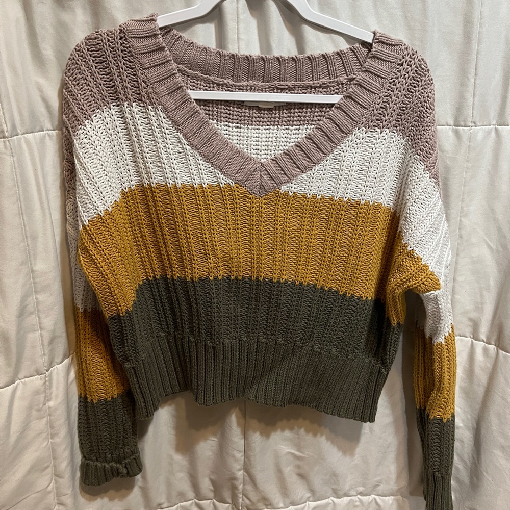 Colorblocked Striped Wide V Neck Sweater